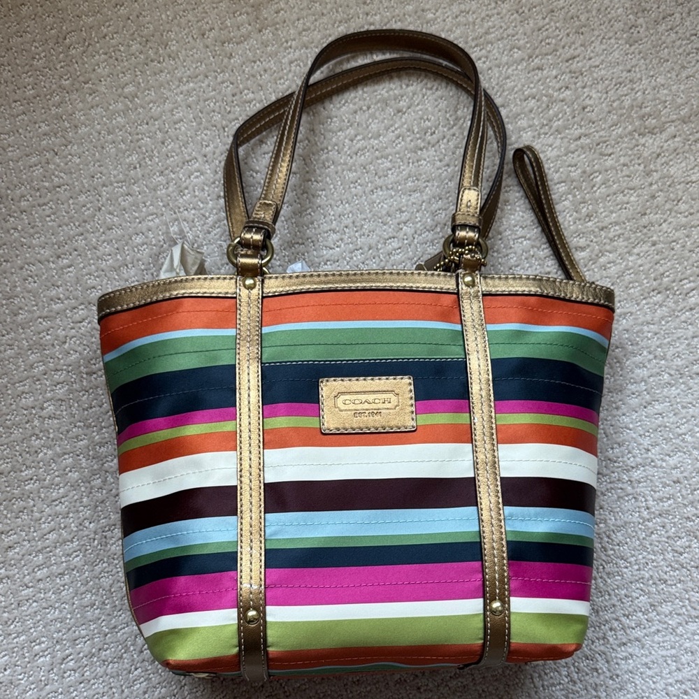 Coach Colorful Striped Tote with Gold Accents